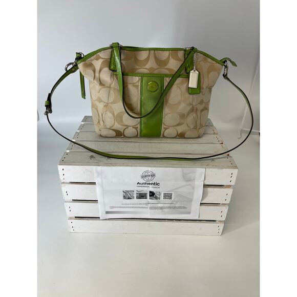 Coach Handbags - COACH 28208E LARGE TAN, GREEN SIGNATURE PRINT CROSSBODY BAG